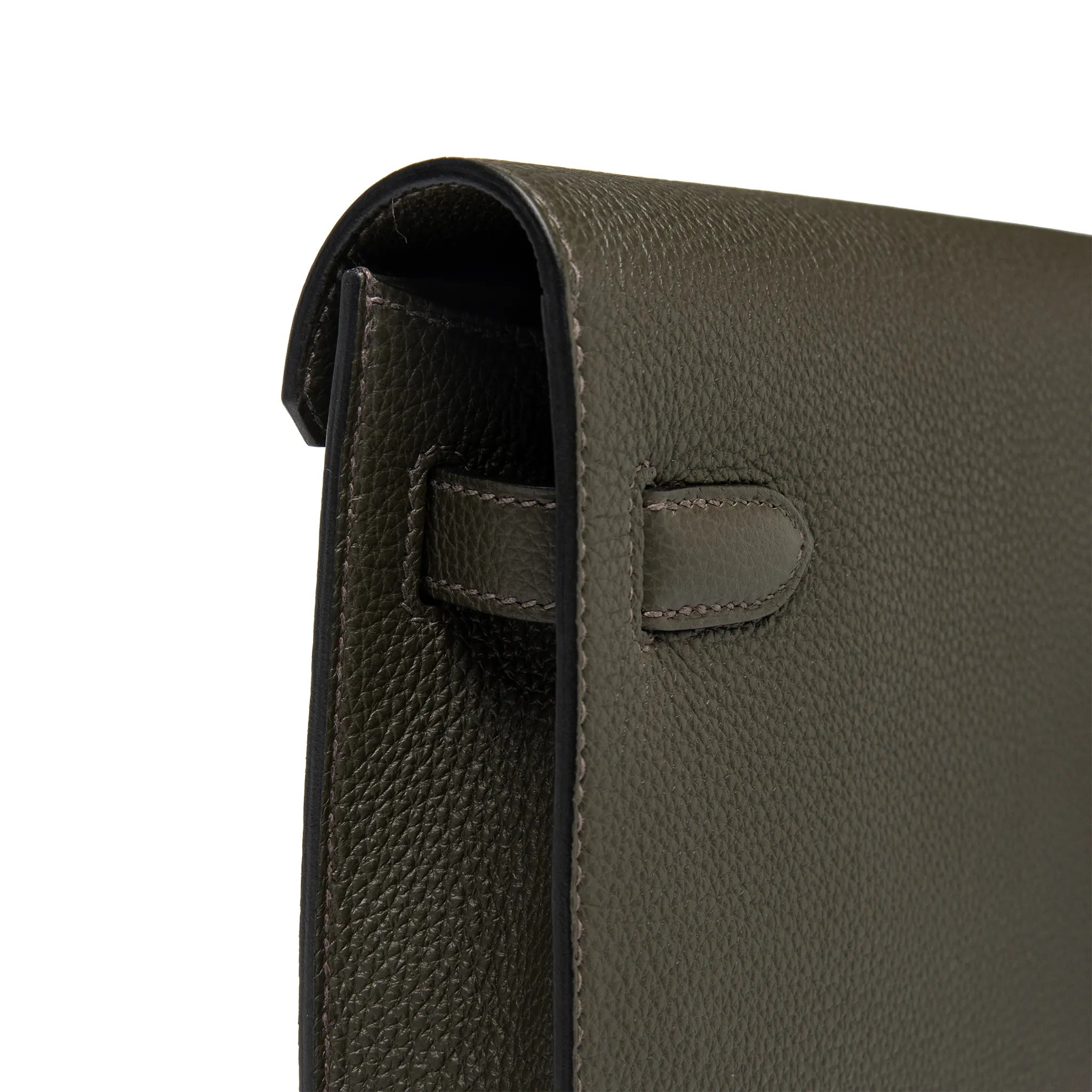 Detailed Side Back View of Hermes Kelly Depeches 25 Togo Calfskin Vert De Gris Palladium Hardware